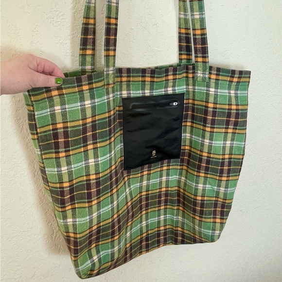 R13 Tote Bag Medium 2 Straps Oversized Flannel 💚 Green Plaid Grunge Street Luxe - Picture 2 of 16
